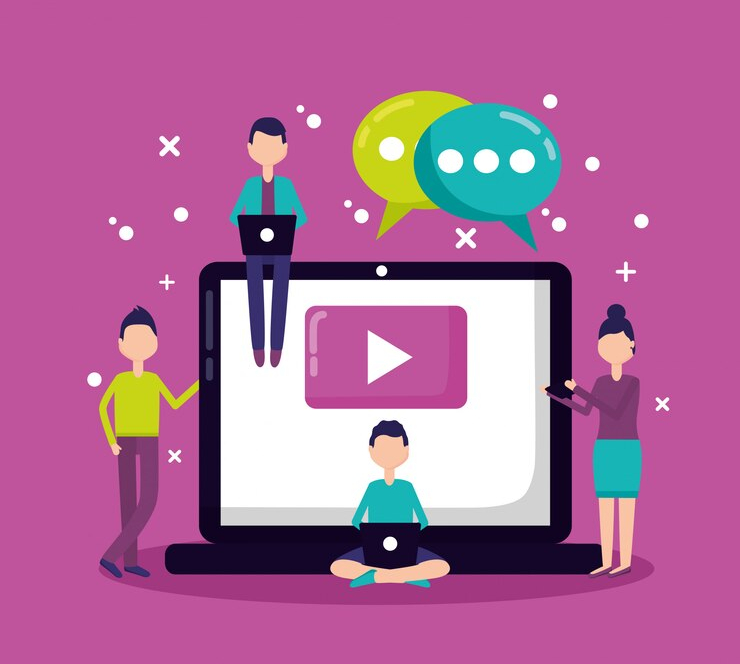 "Creative animation ad design showcasing teamwork and communication, with a vibrant purple background, speech bubbles, and a play button on a screen. Perfect for promoting innovative and engaging animated advertising solutions."